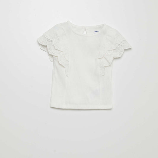 T-shirt côtelé avec broderies anglaises blanc