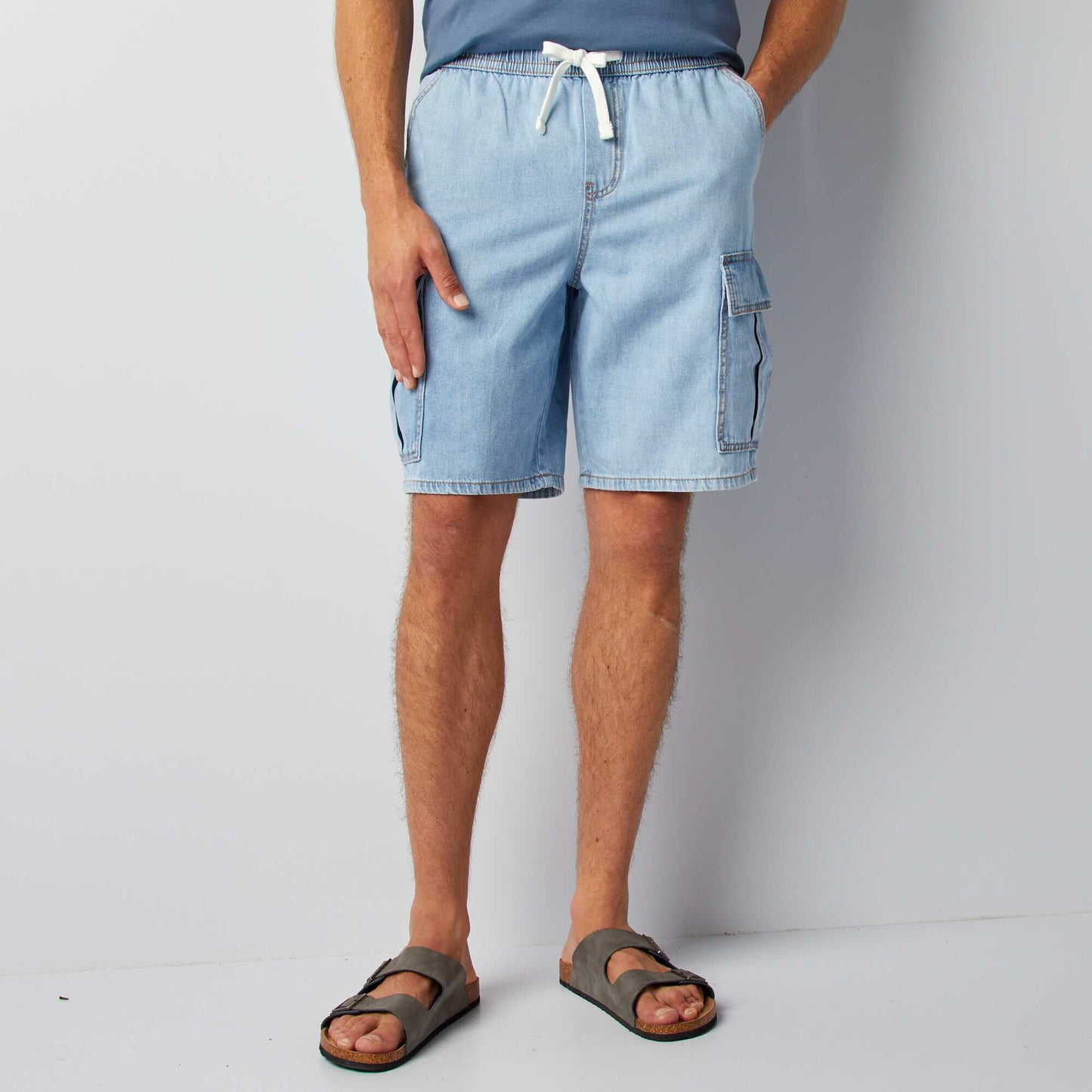 Short multipoche en coton et chanvre Bleu
