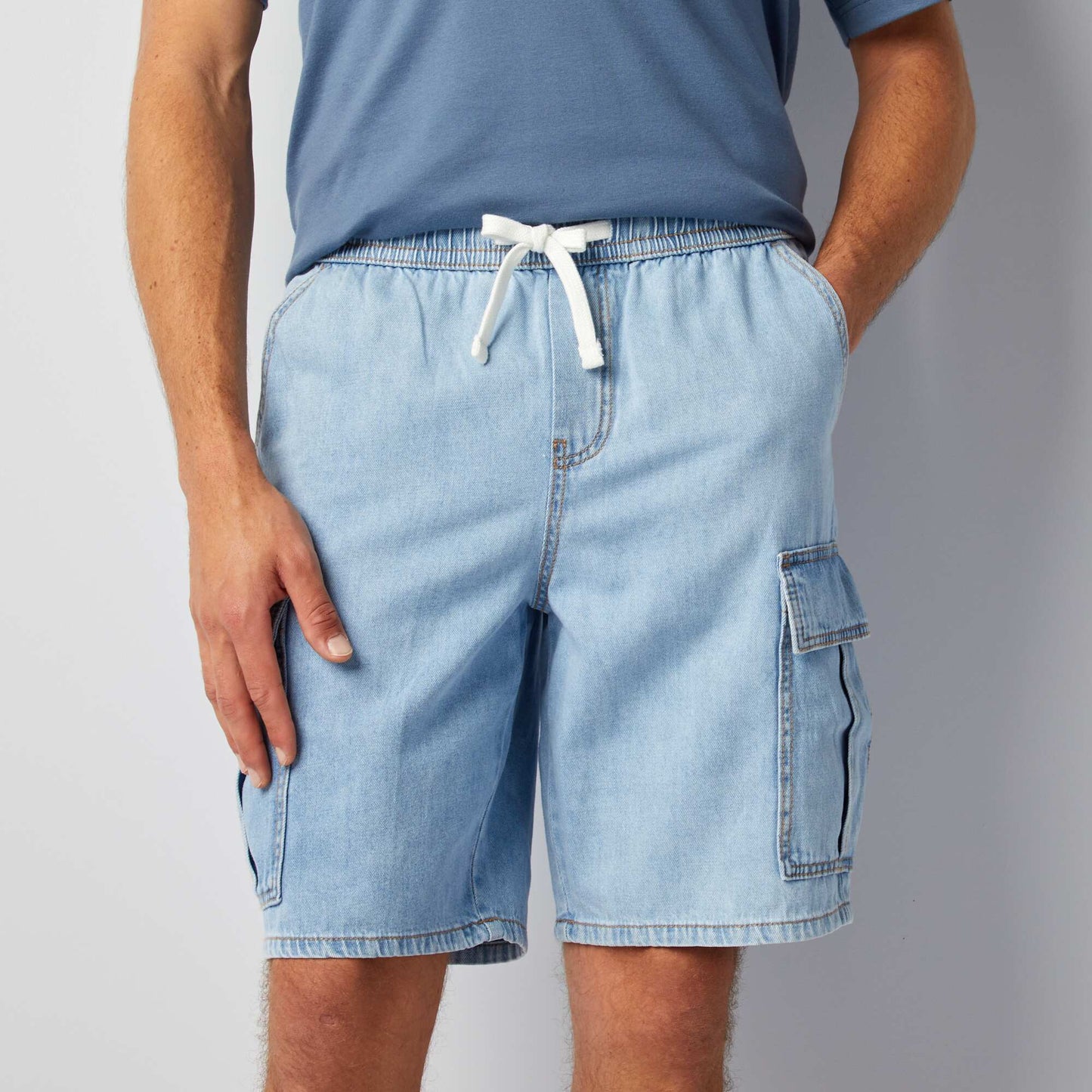 Short multipoche en coton et chanvre Bleu