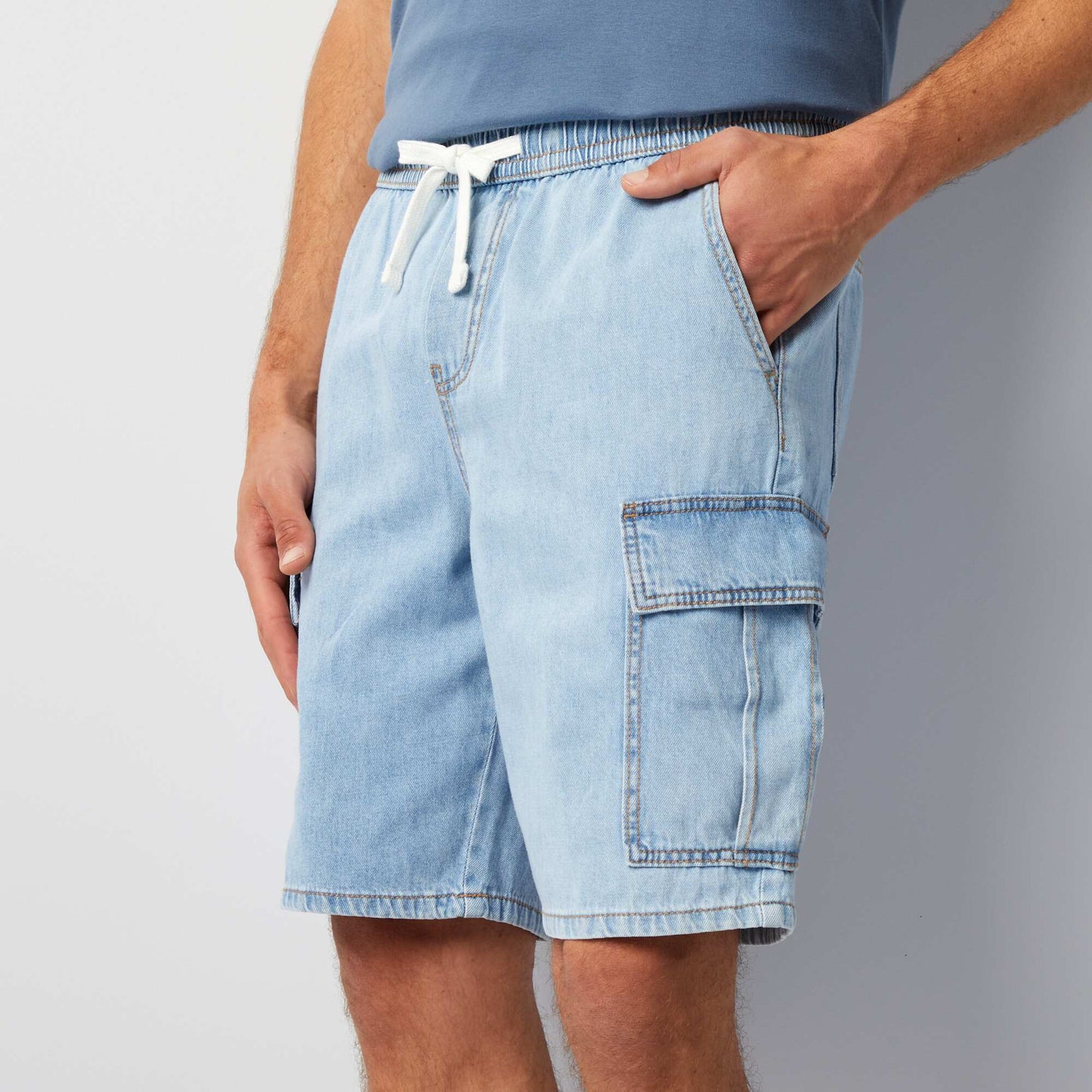 Short multipoche en coton et chanvre Bleu
