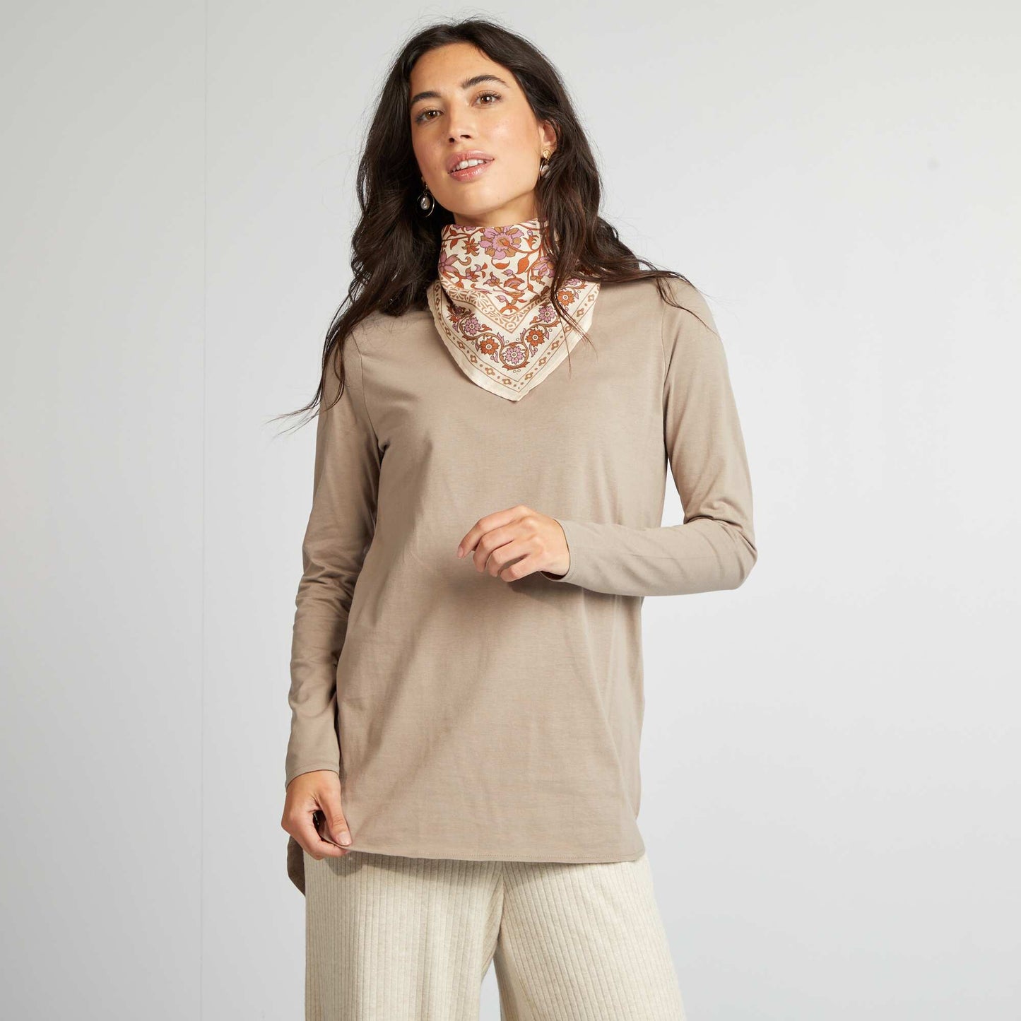 T-shirt manches longues forme rallongée Marron