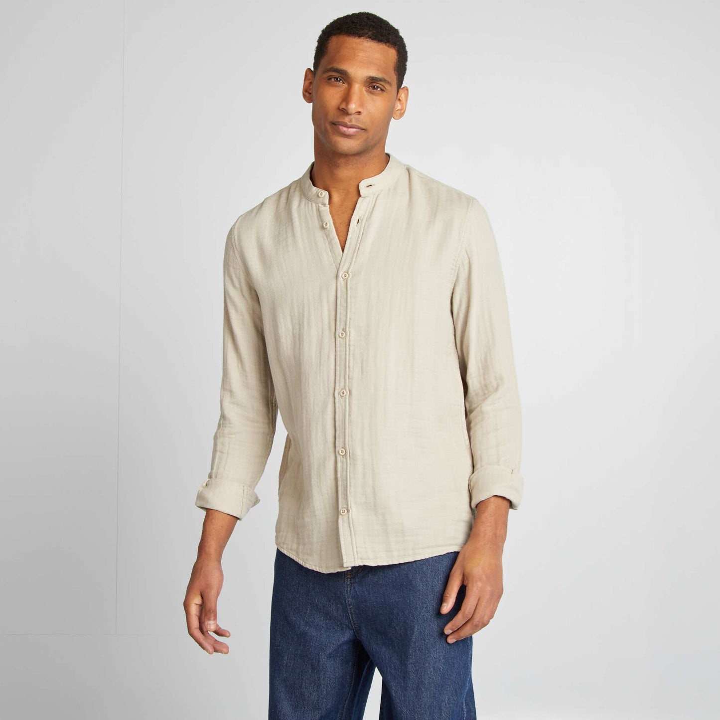 Chemise dobby coupe droite :col rond Gris