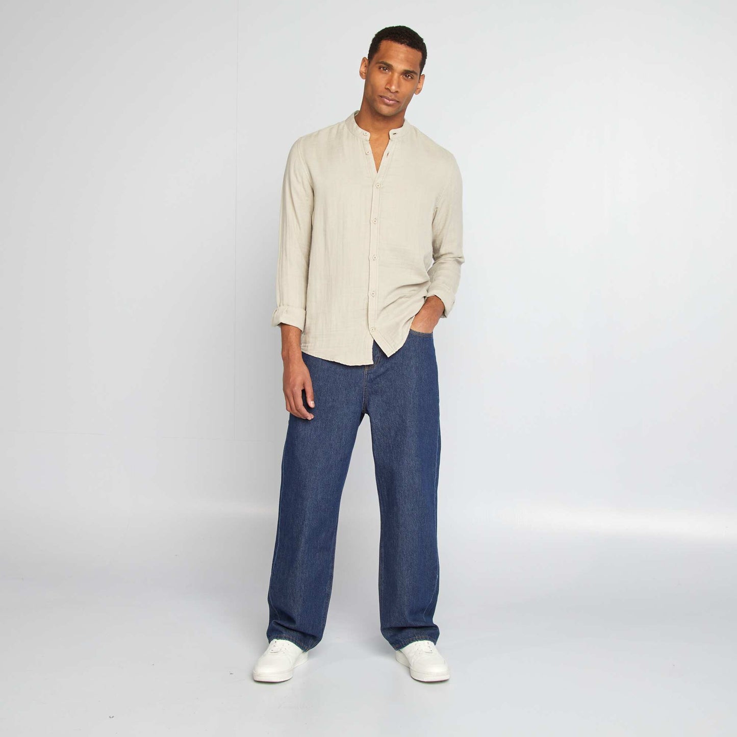 Chemise dobby coupe droite :col rond Gris