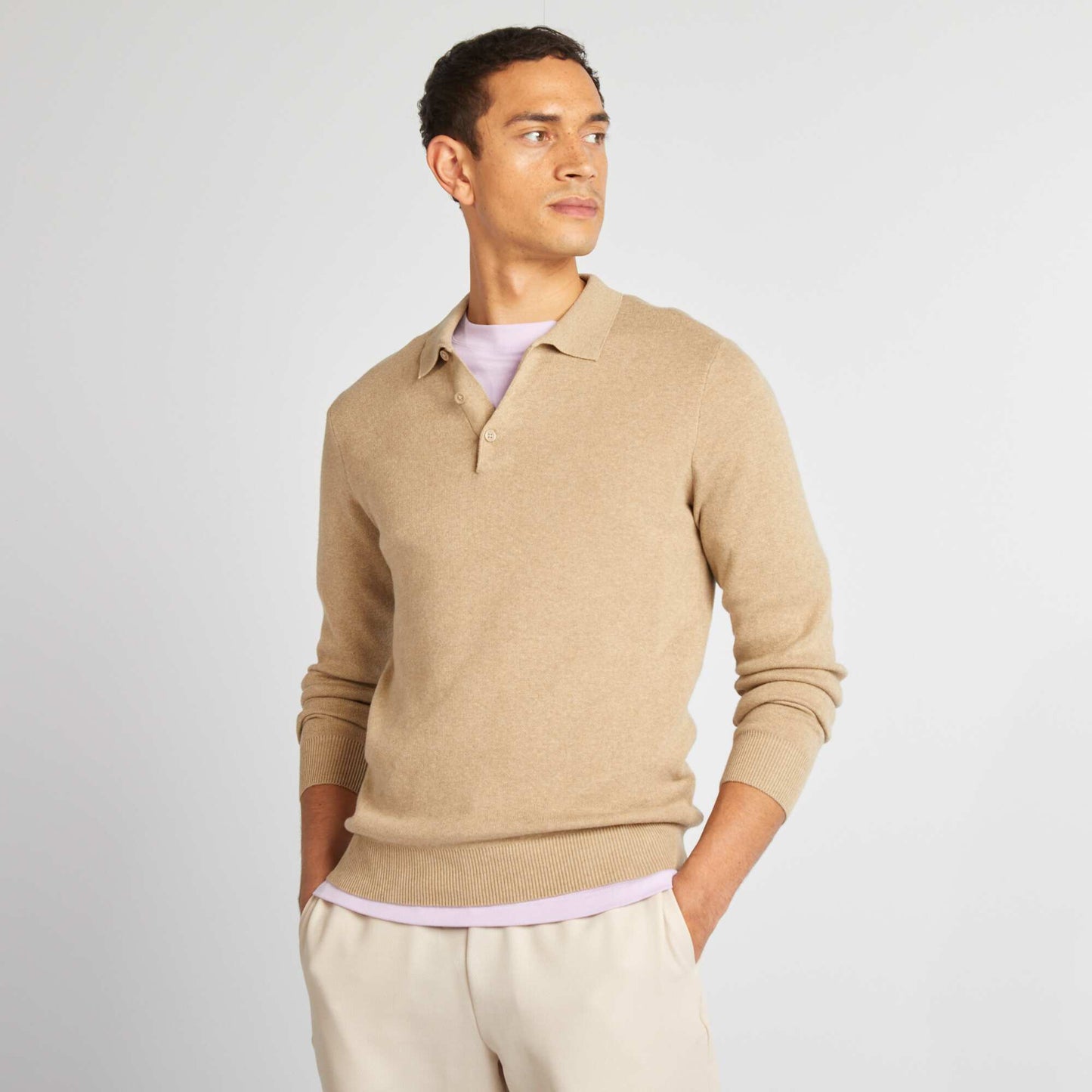 Pull fine jauge col polo boutonné BEIGE