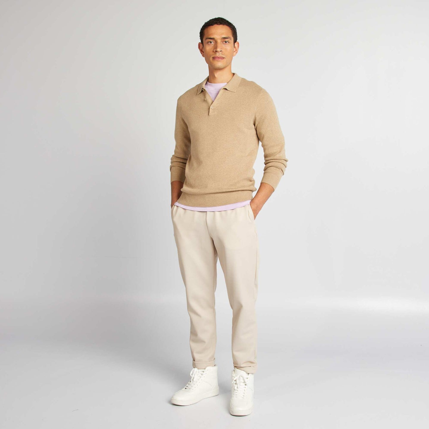 Pull fine jauge col polo boutonné BEIGE
