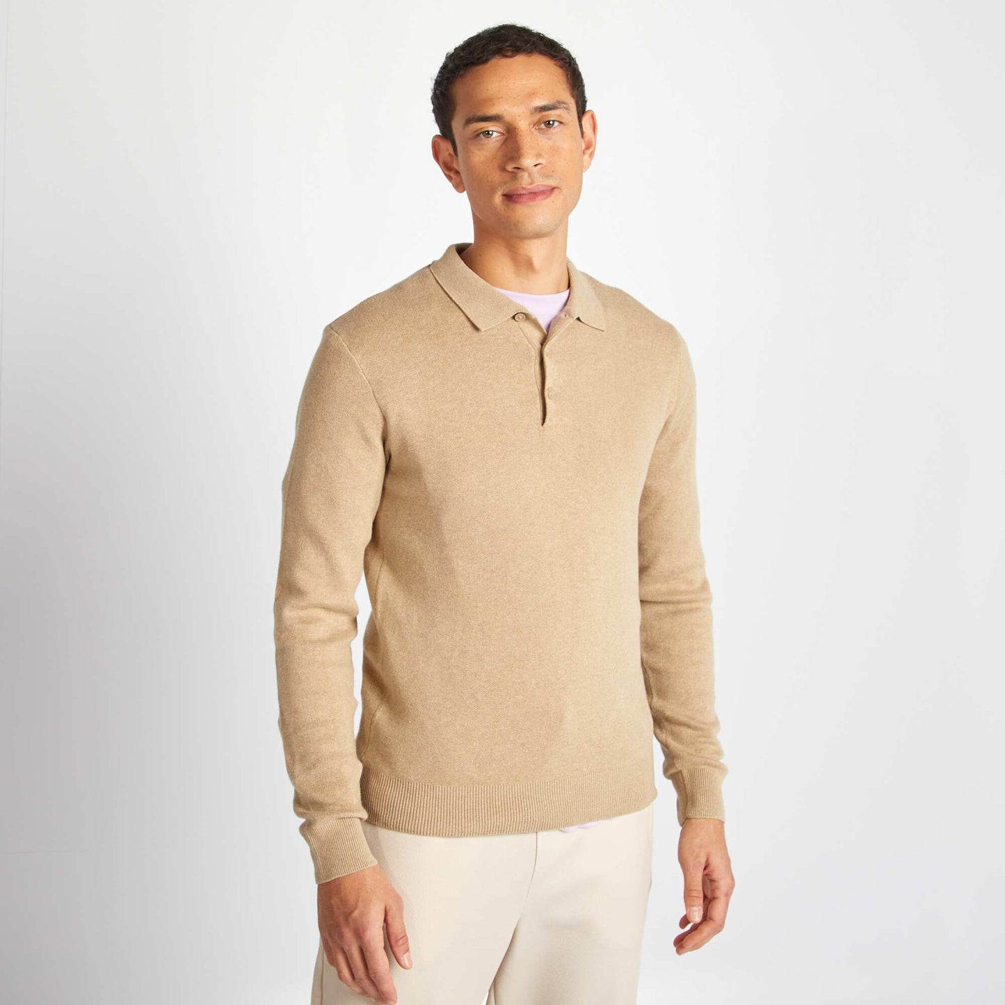 Pull fine jauge col polo boutonné BEIGE