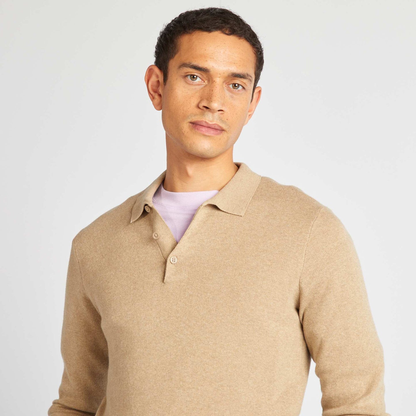 Pull fine jauge col polo boutonné BEIGE