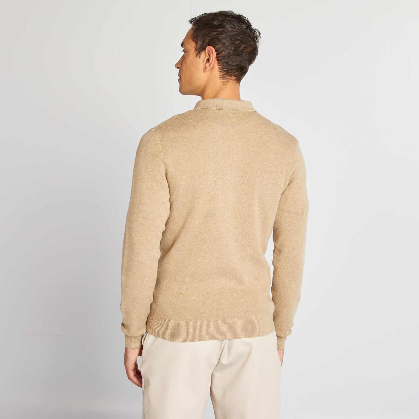 Pull fine jauge col polo boutonné BEIGE