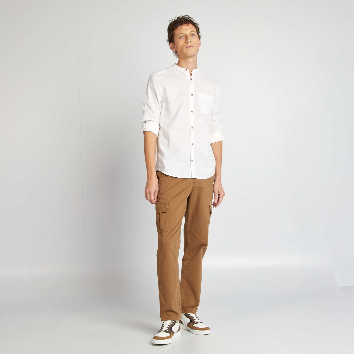 Chemise col mao avec lin BLANC