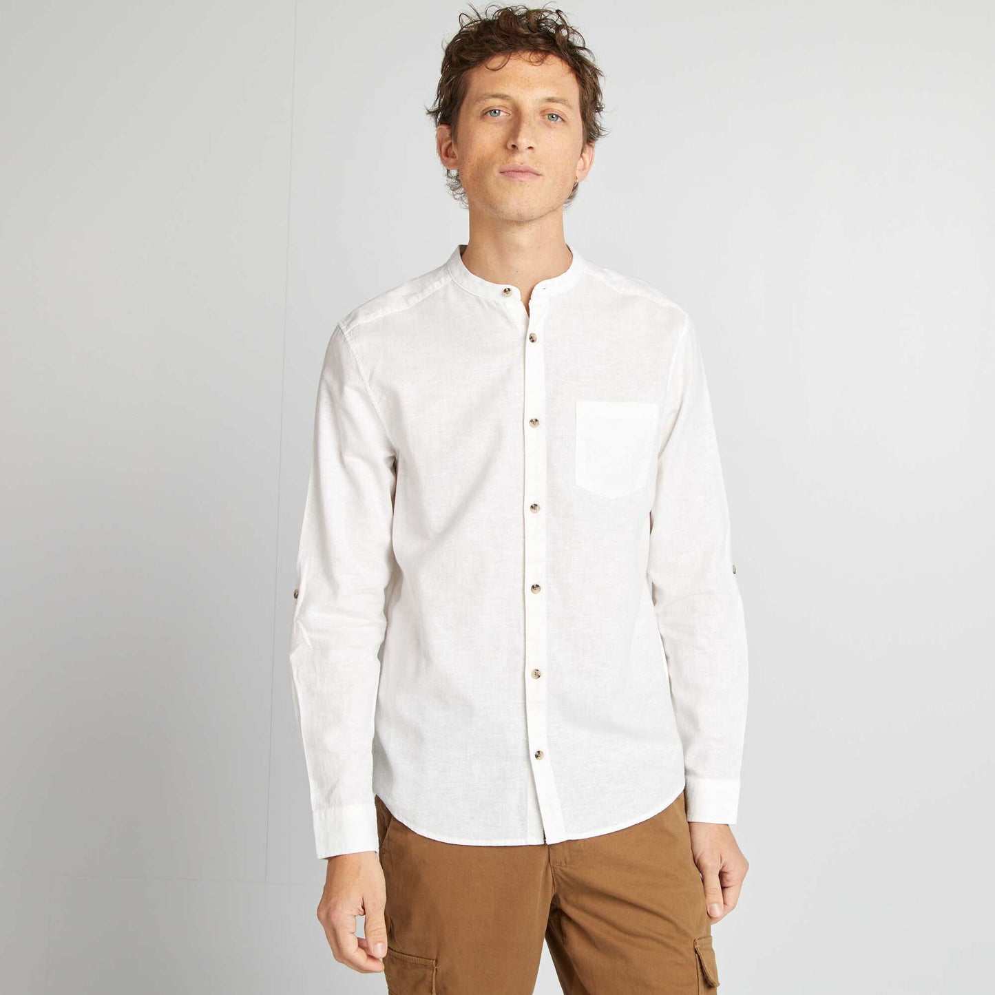 Chemise col mao avec lin BLANC