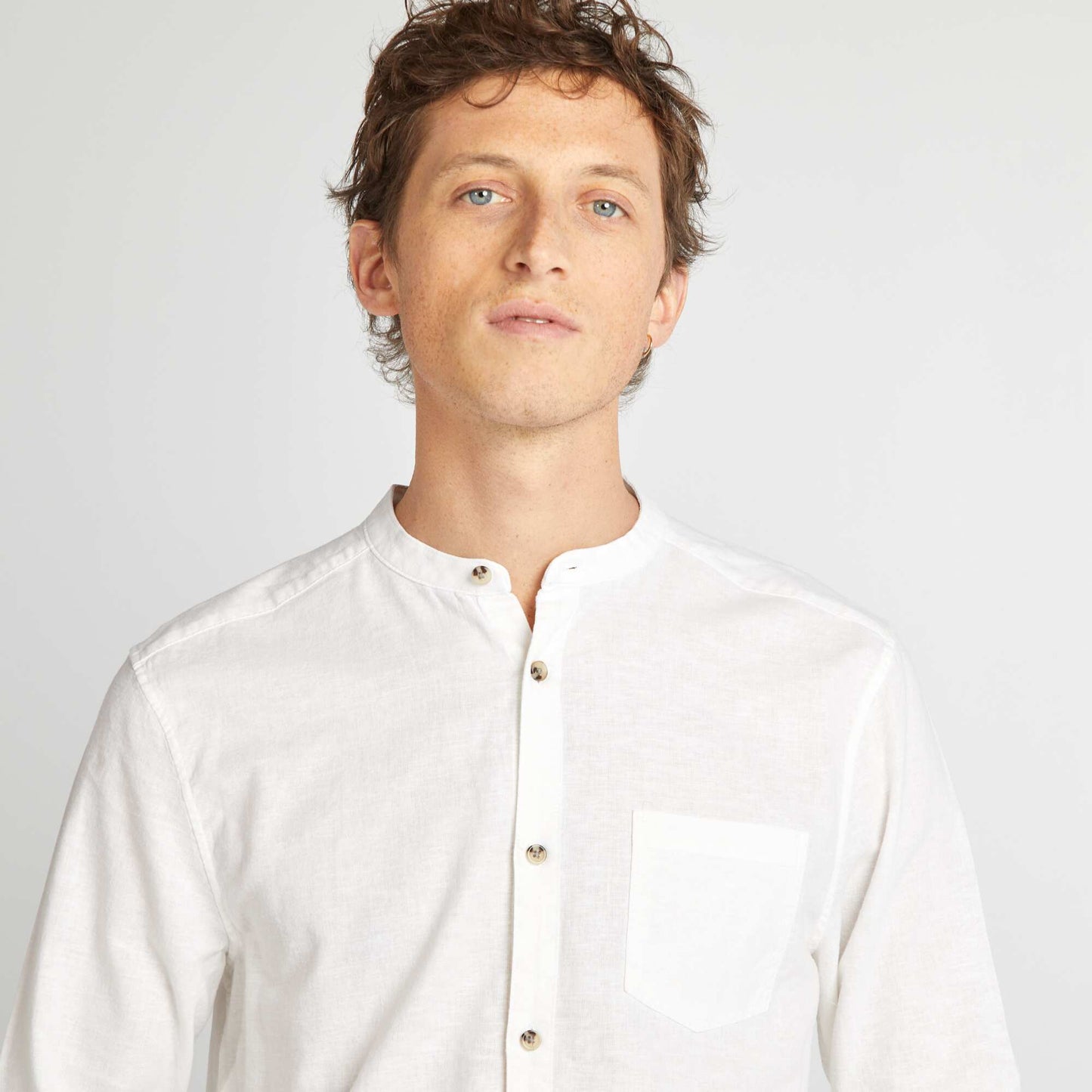 Chemise col mao avec lin BLANC