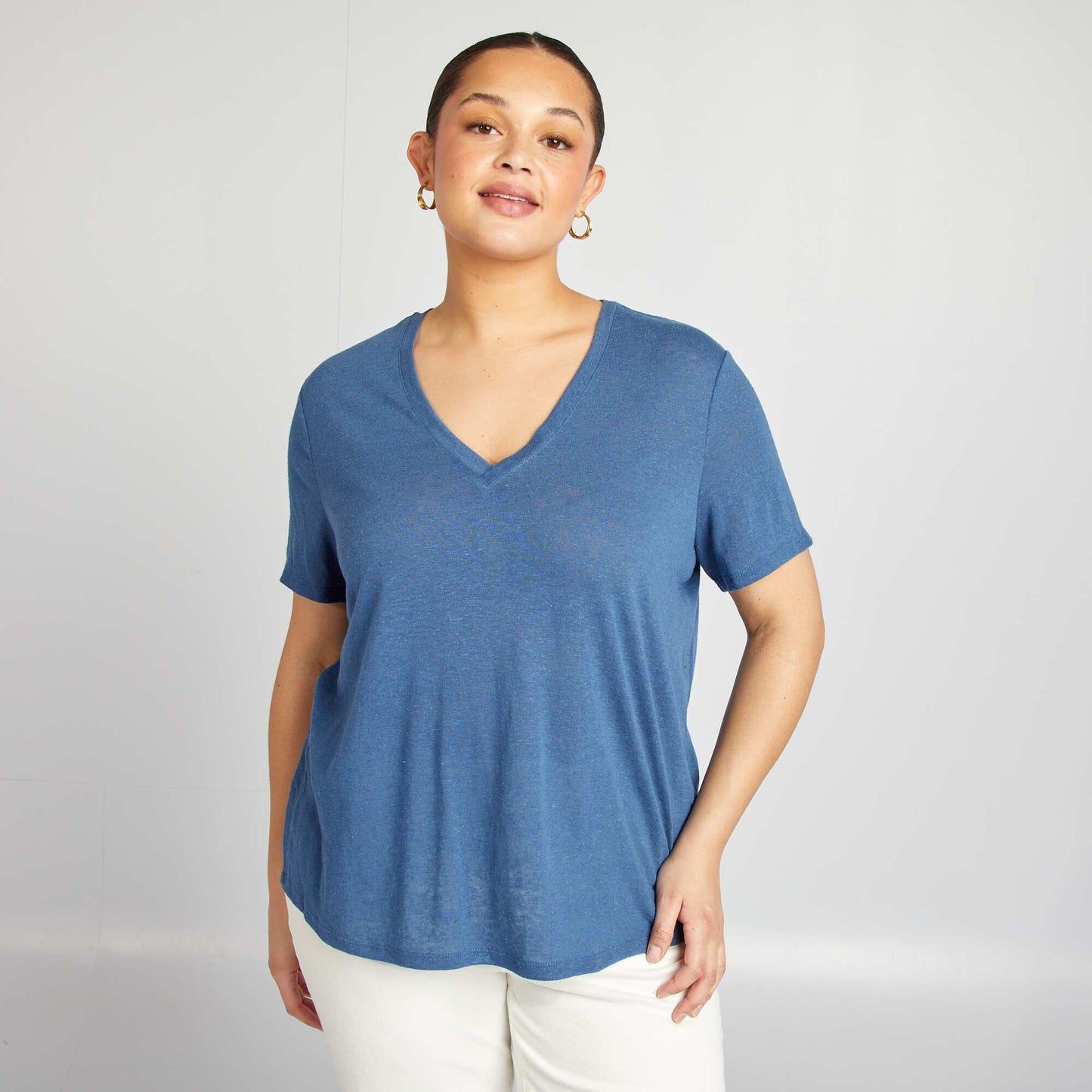 T-shirt col V en lin mélangé BLEU