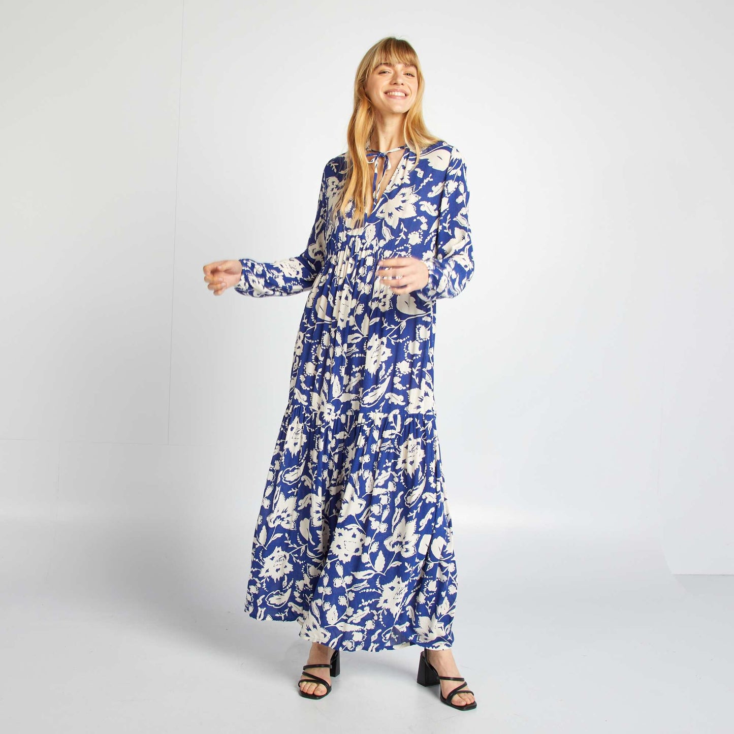 Robe longue à motif avec col tunisien BLEU