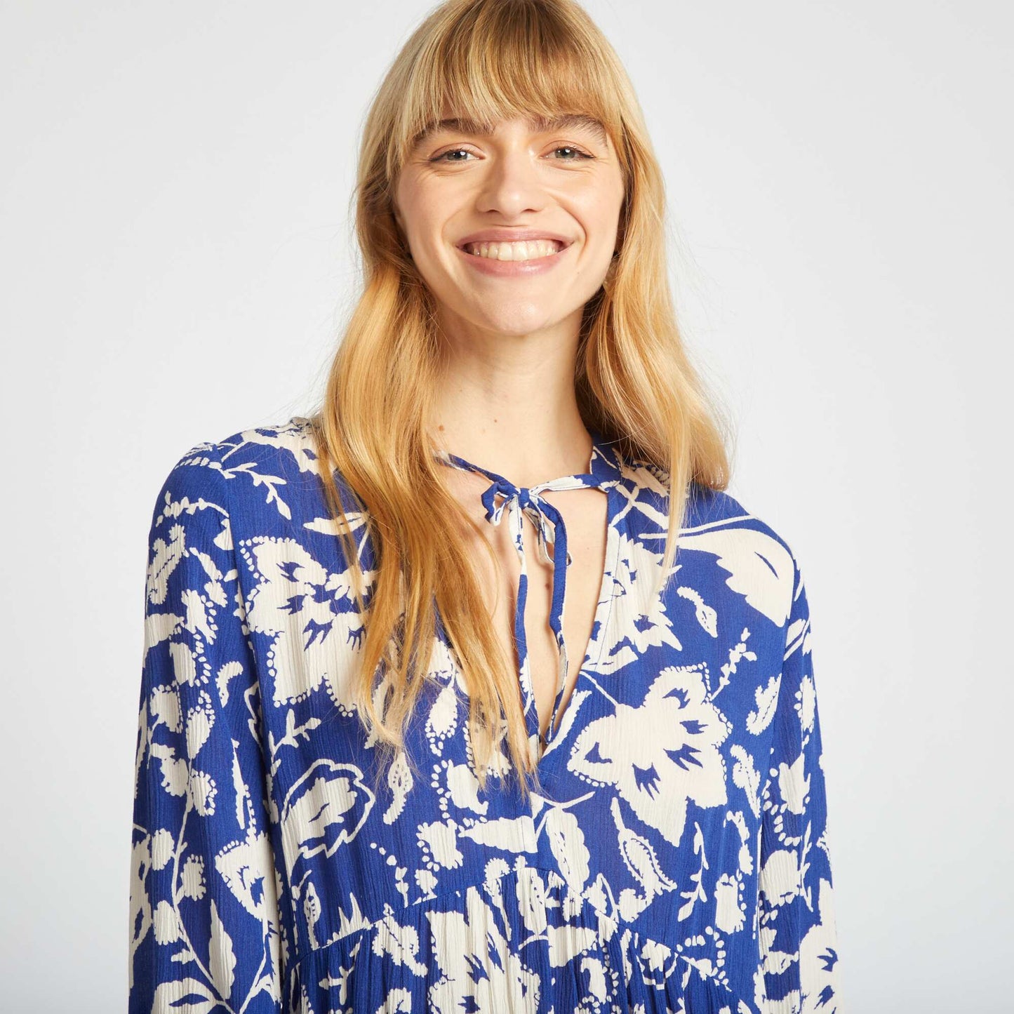 Robe longue à motif avec col tunisien BLEU
