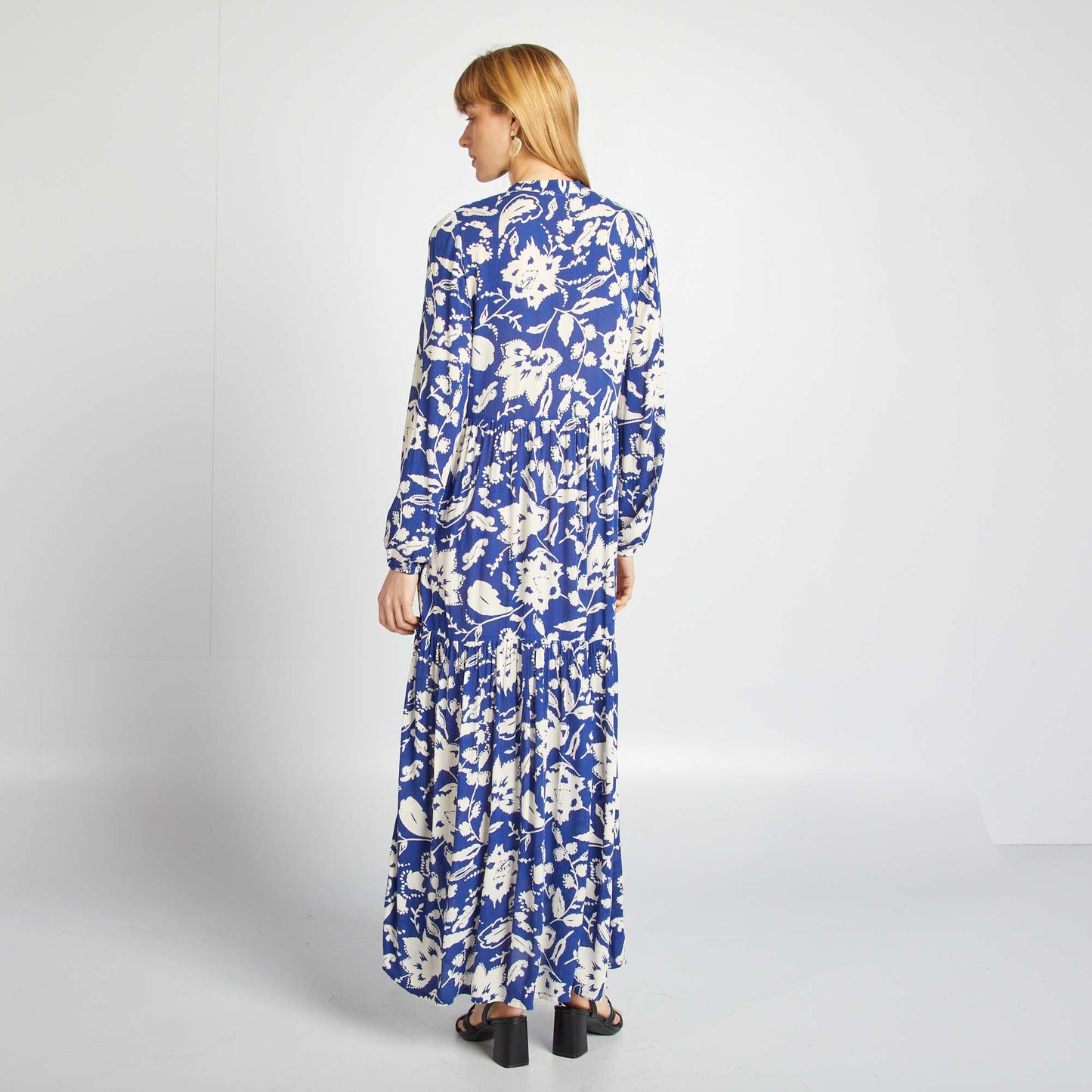 Robe longue à motif avec col tunisien BLEU