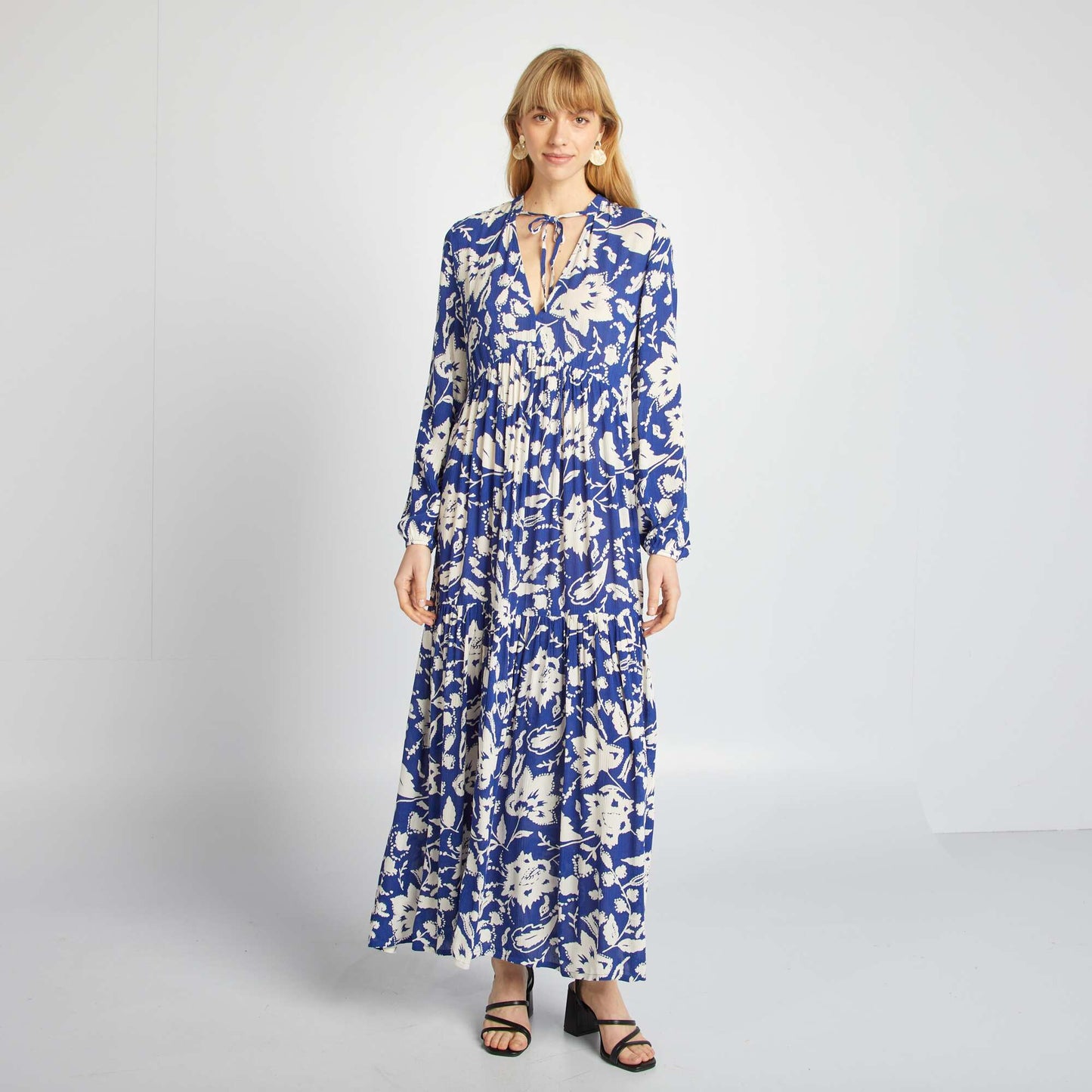 Robe longue à motif avec col tunisien BLEU