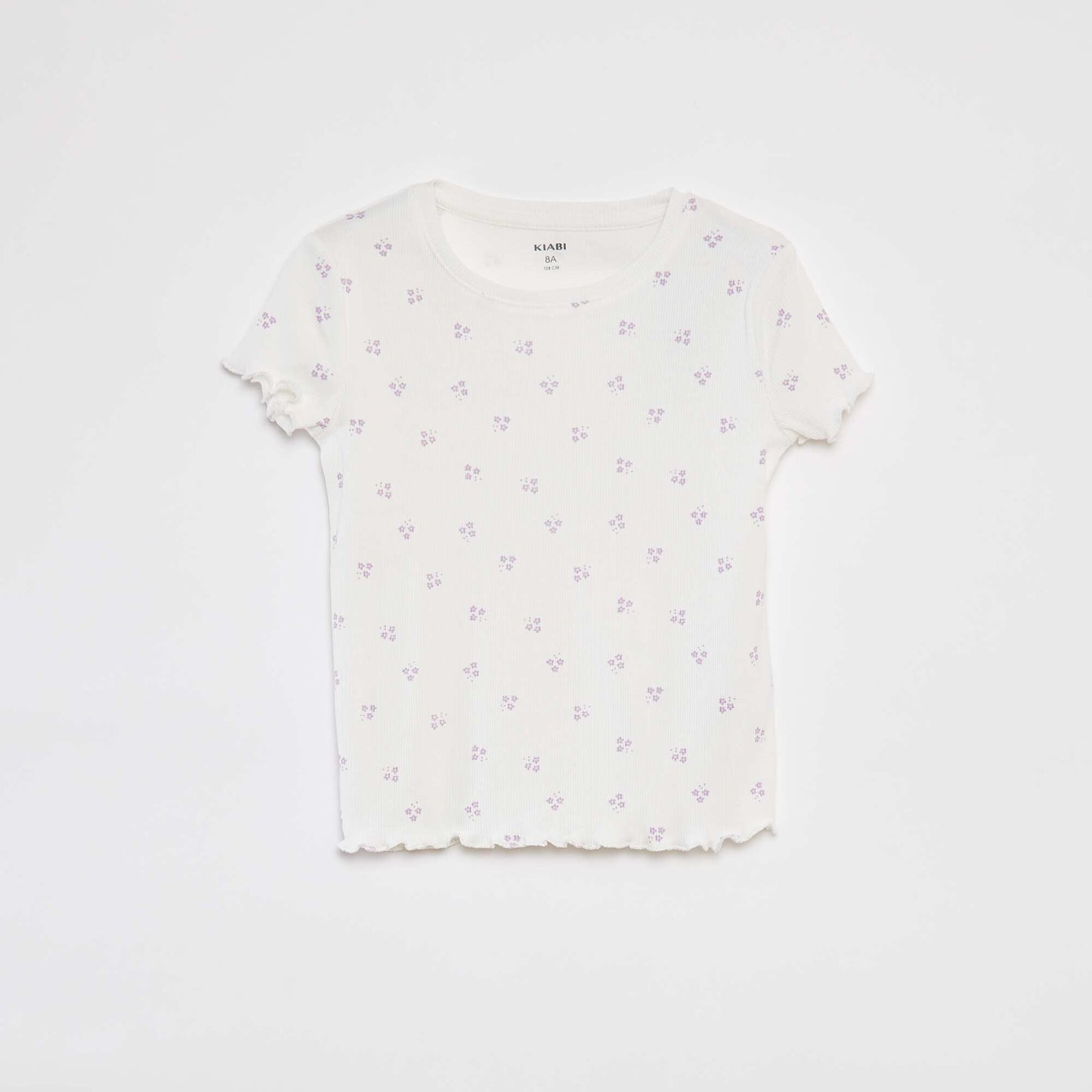 T-shirt côtelé avec bords ondulés et motifs BLANC