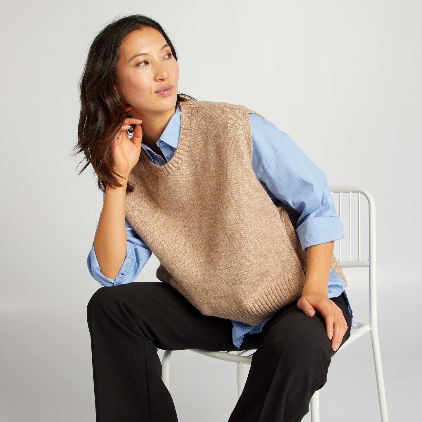 Pull sans manches en laine mélangée BEIGE