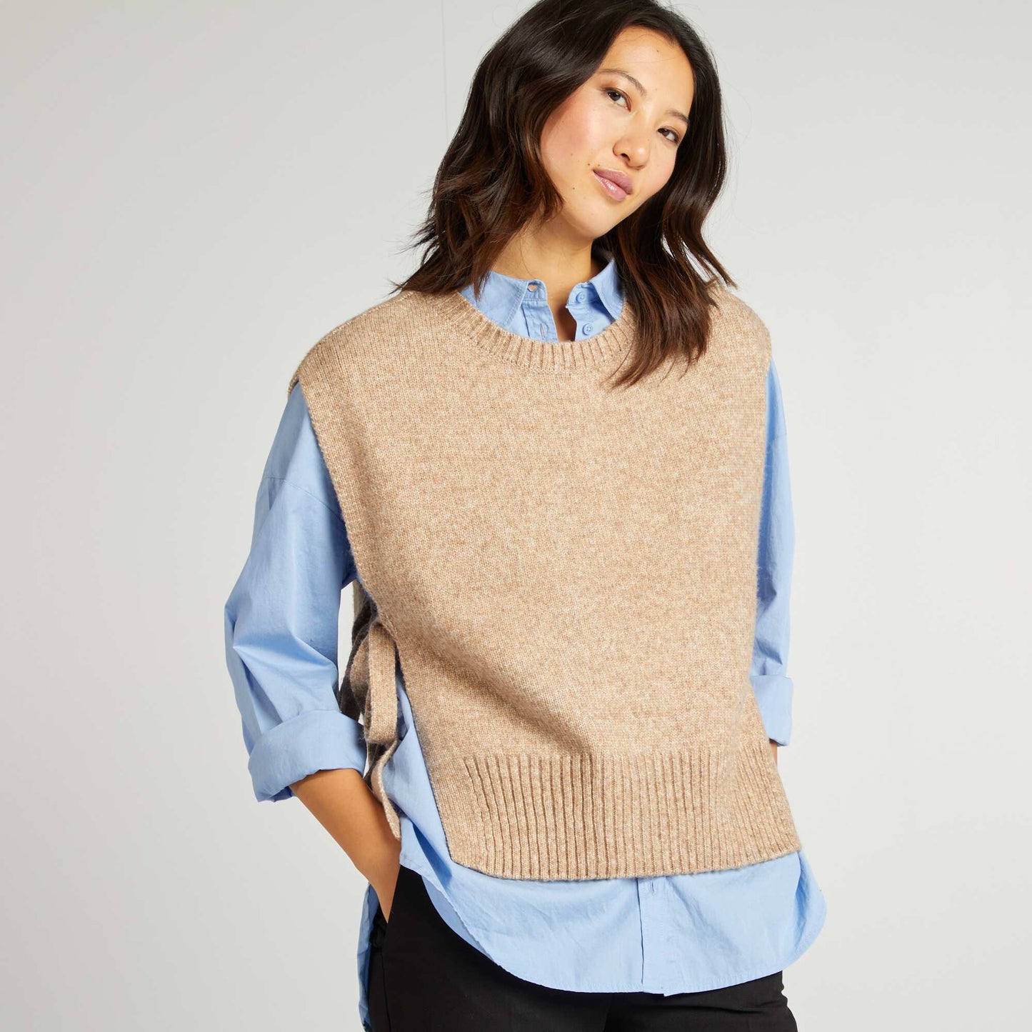 Pull sans manches en laine mélangée BEIGE
