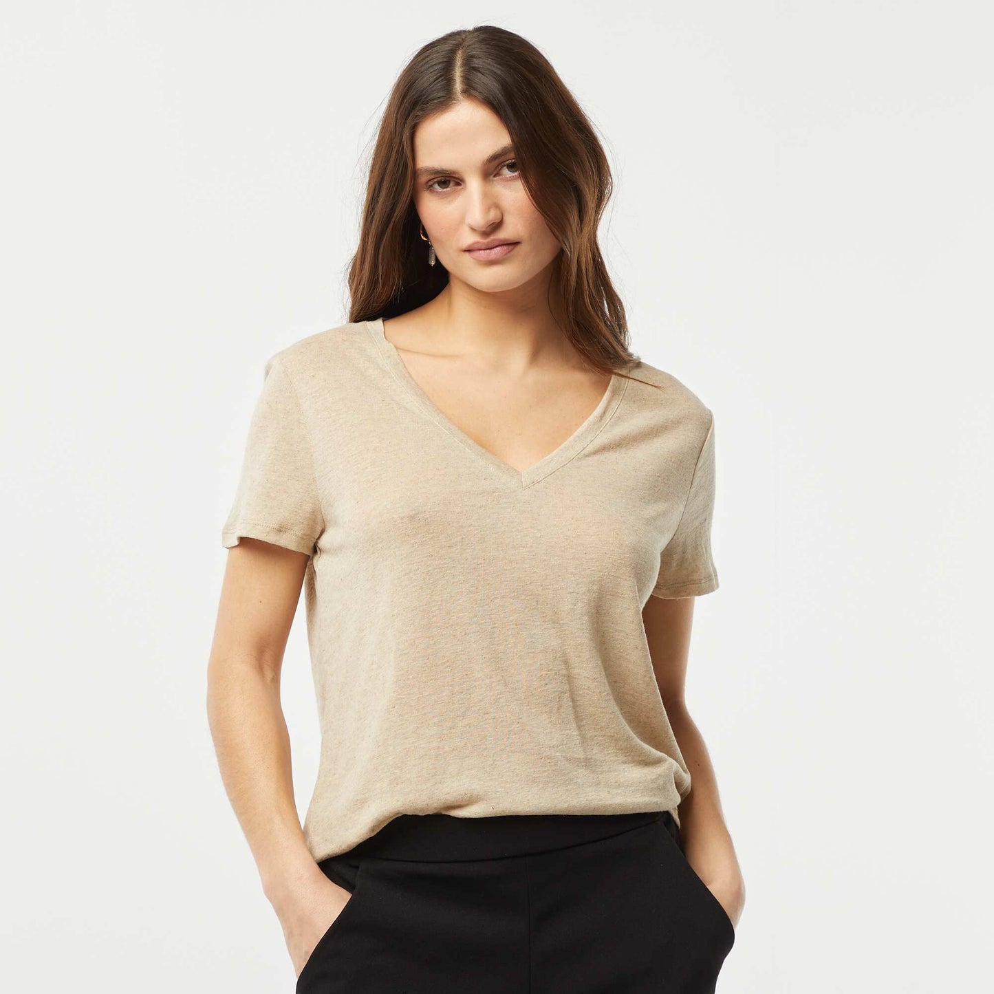 T-shirt basique col V en lin mélangé BEIGE