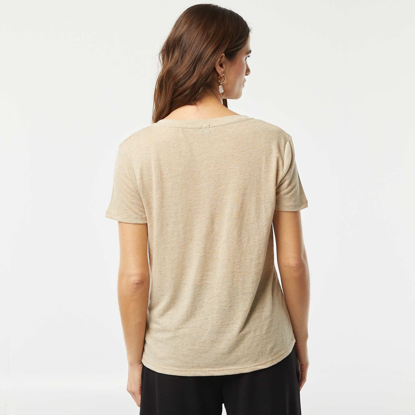 T-shirt basique col V en lin mélangé BEIGE