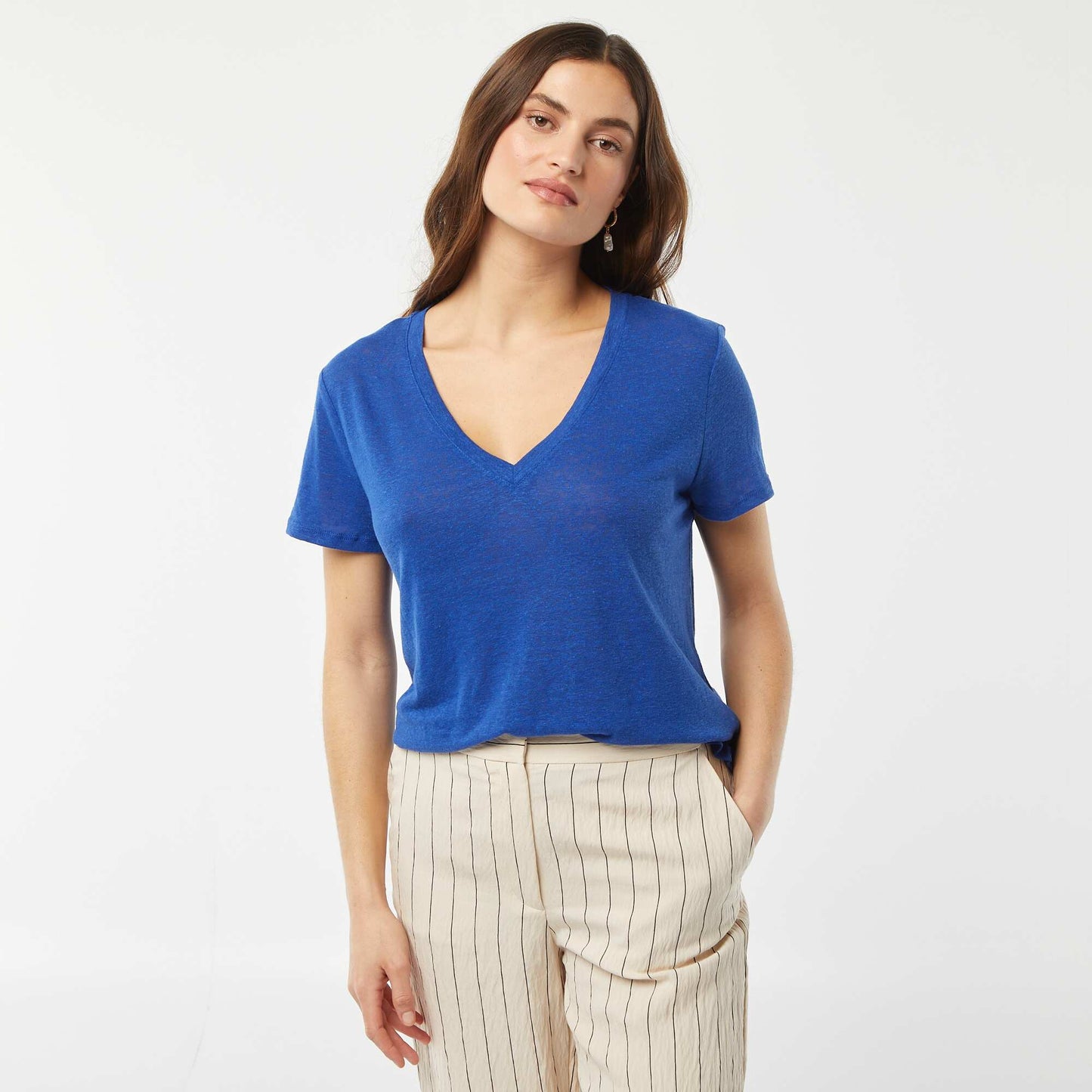 T-shirt basique col V en lin mélangé BLEU