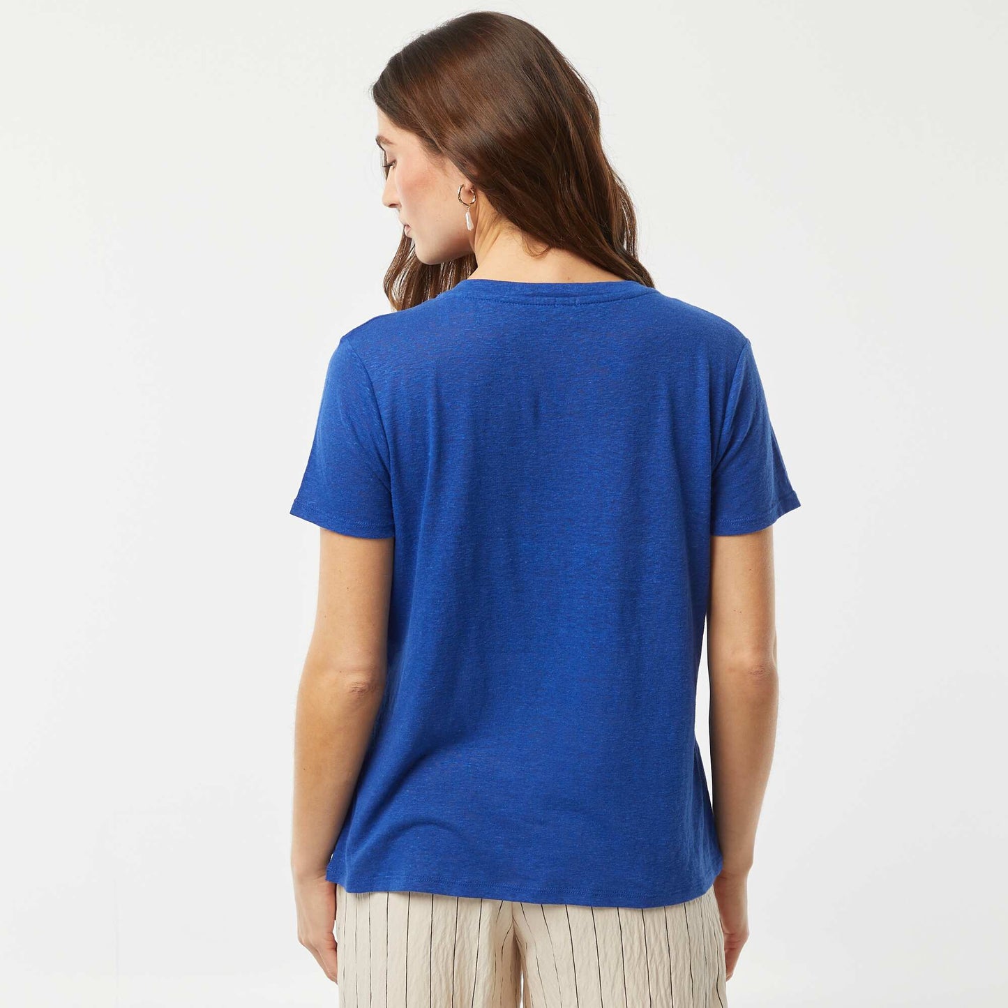 T-shirt basique col V en lin mélangé BLEU