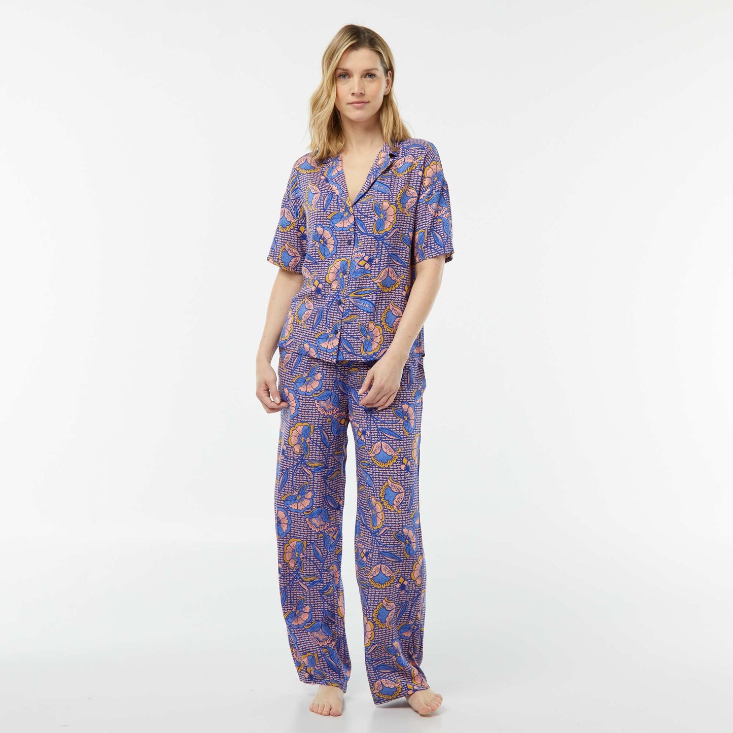 Ensemble pyjama chemisier + pantalon imprimé BLEU