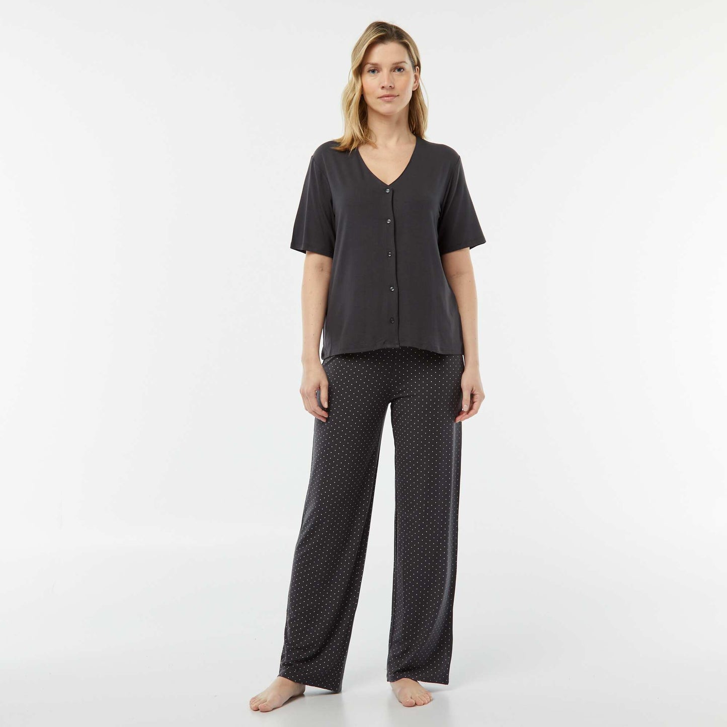Pyjama long 2 pièces en maille extra-fluide NOIR