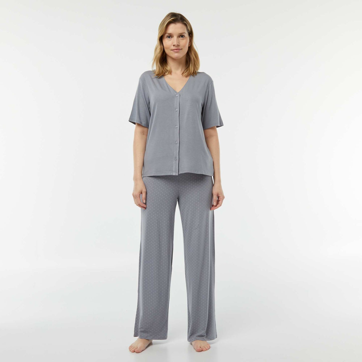 Pyjama long 2 pièces en maille extra-fluide BLEU GRIS
