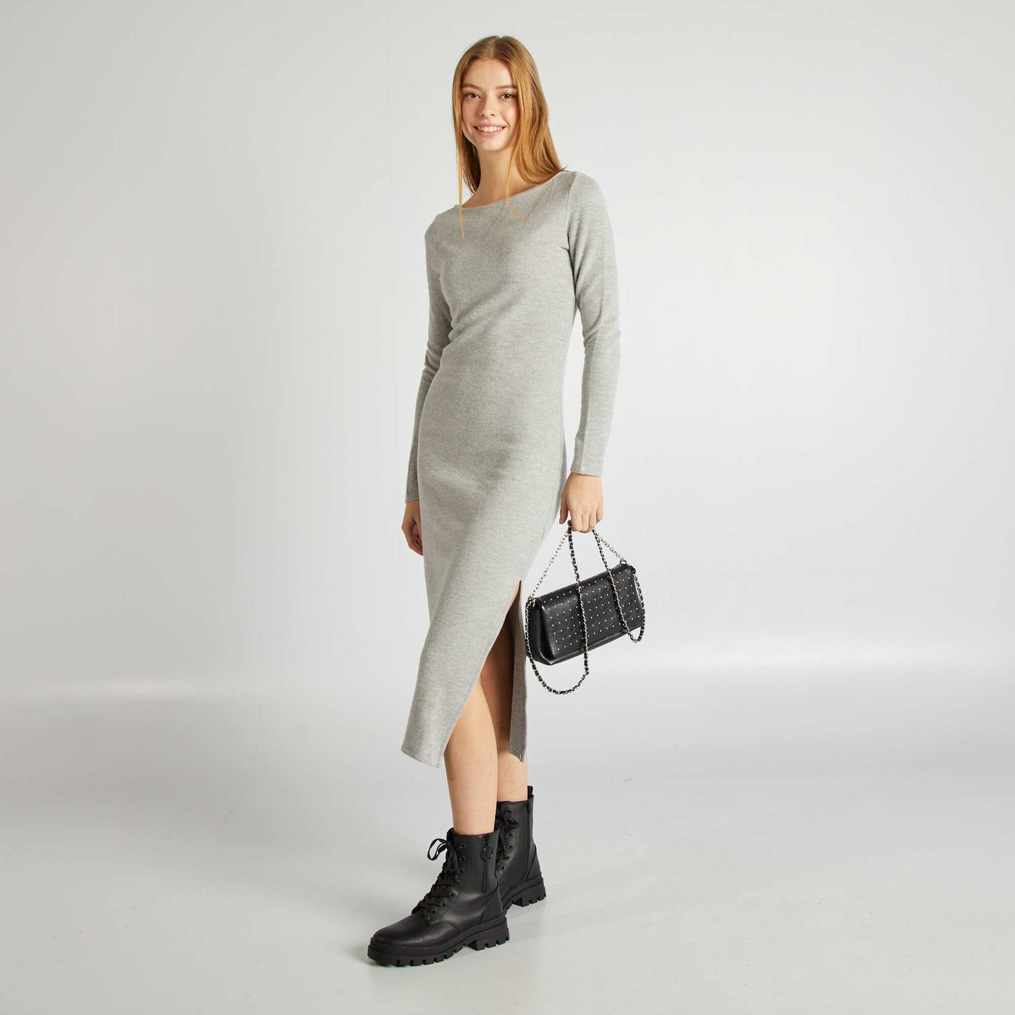 Robe longue côtelée en maille doudou GRIS