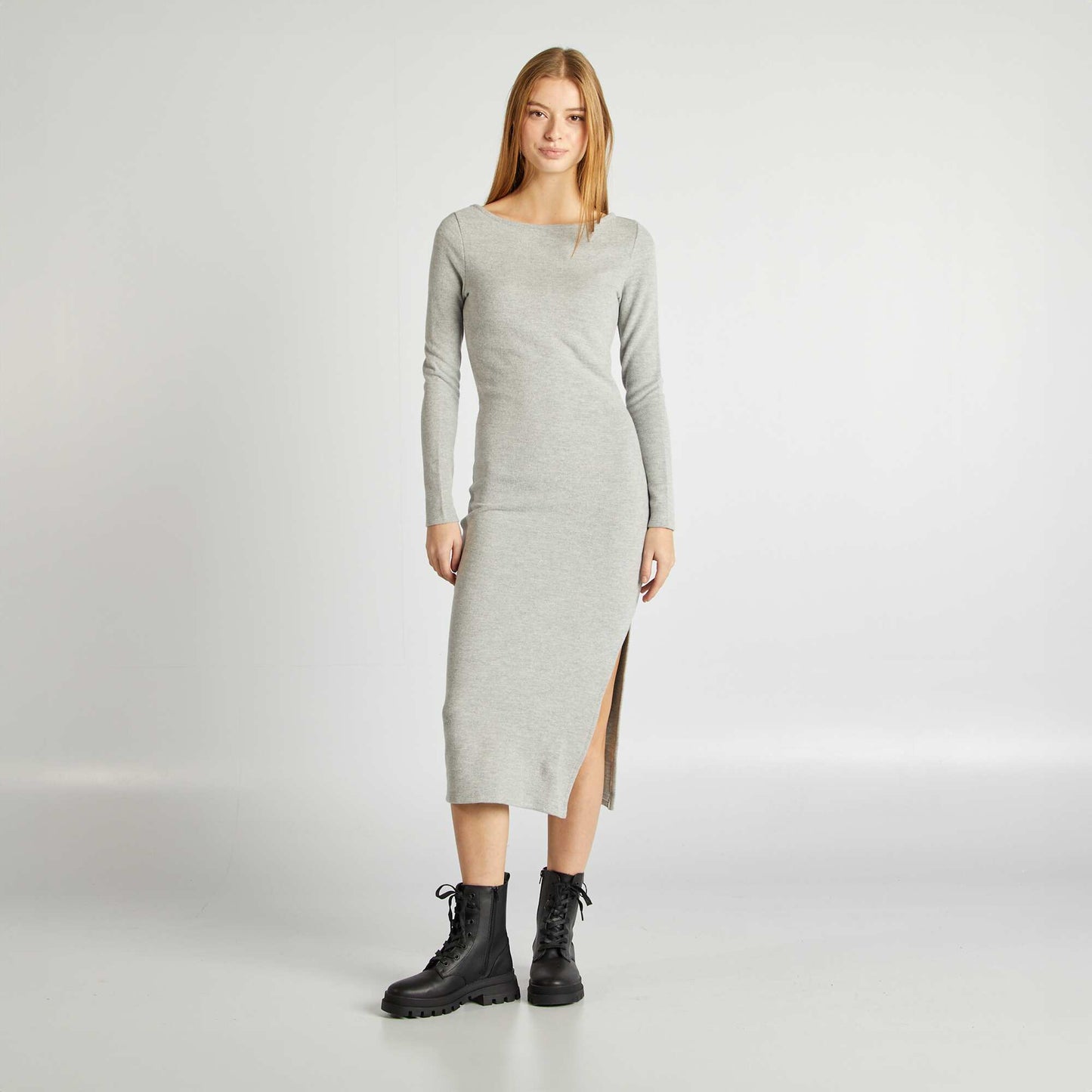 Robe longue côtelée en maille doudou GRIS