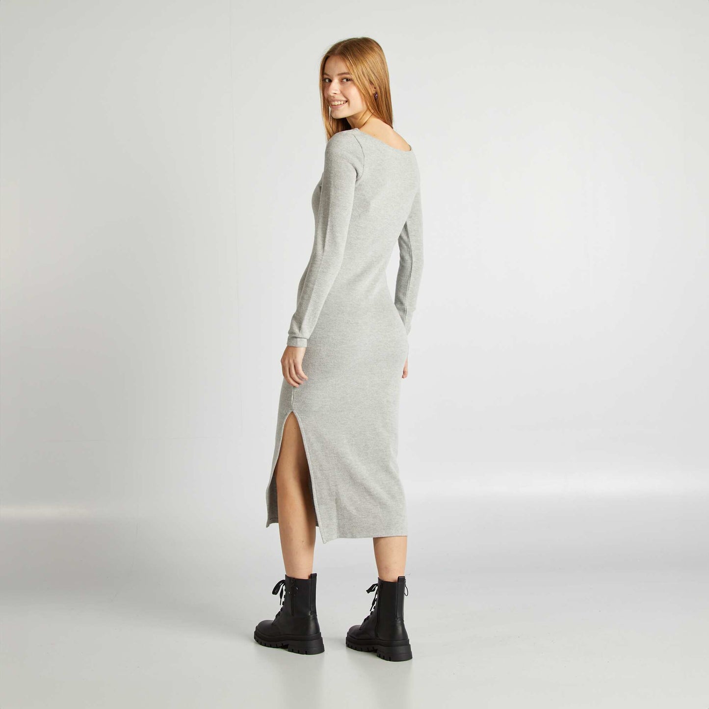 Robe longue côtelée en maille doudou GRIS