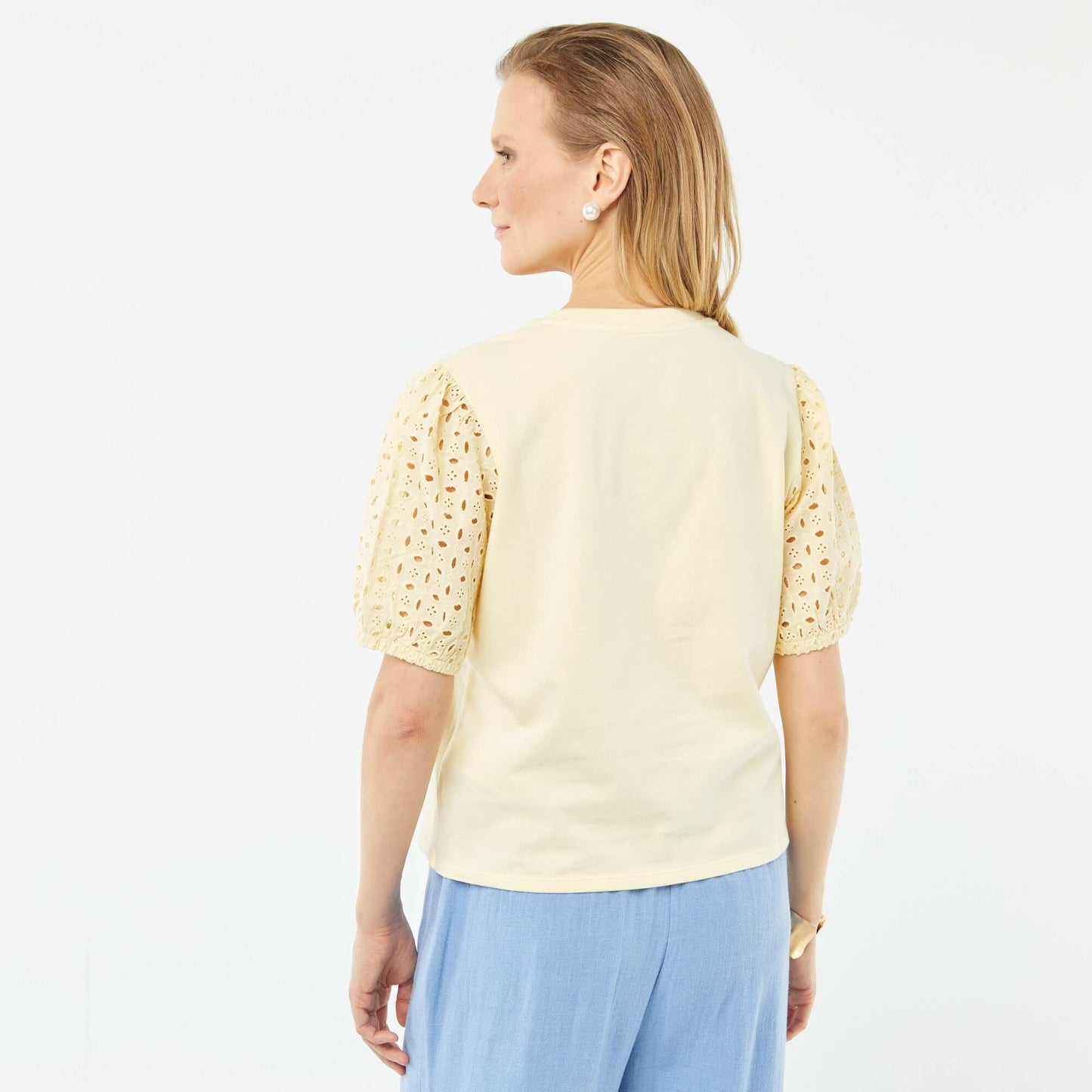 T-shirt uni manches courtes avec borderies anglaises JAUNE