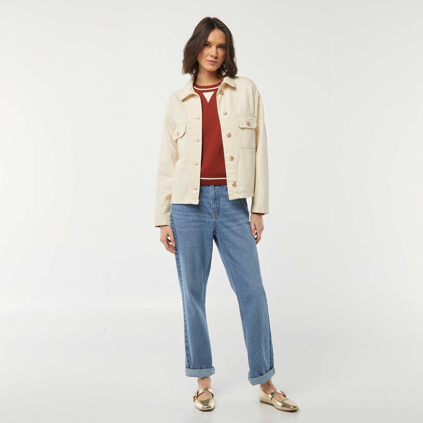 Veste en jean avec boutons dorés BLANC