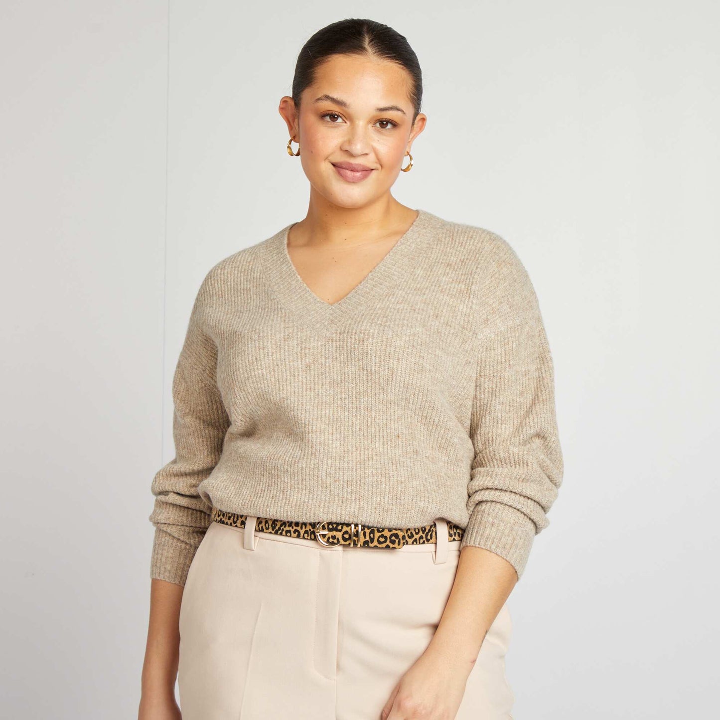 Pull en maille col V MARRON