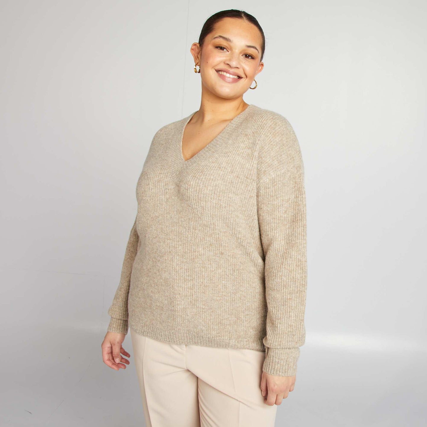 Pull en maille col V MARRON