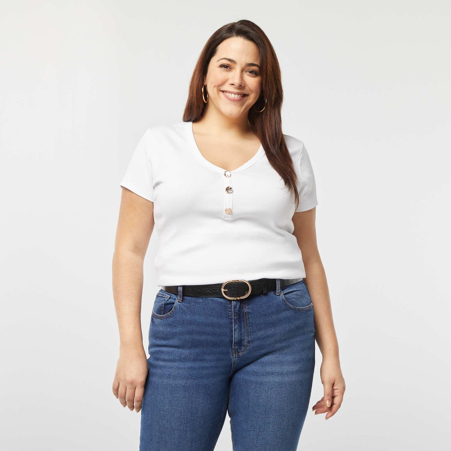 Tee-shirt côtelé avec encolure boutonnée BLANC
