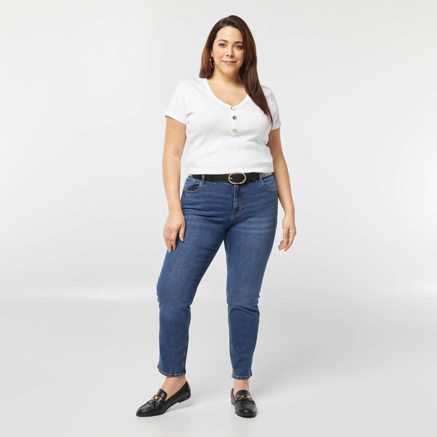 Tee-shirt côtelé avec encolure boutonnée BLANC