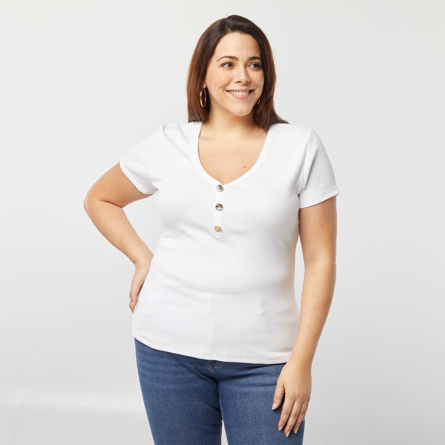 Tee-shirt côtelé avec encolure boutonnée BLANC