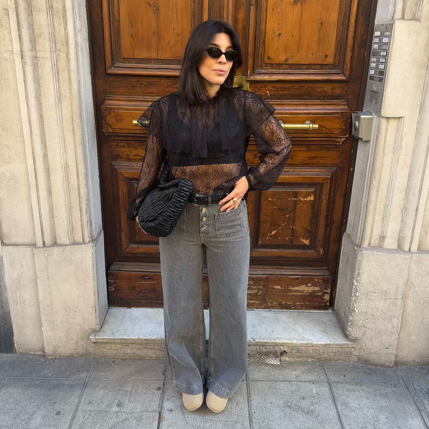 Blouse en dentelle volantée NOIR