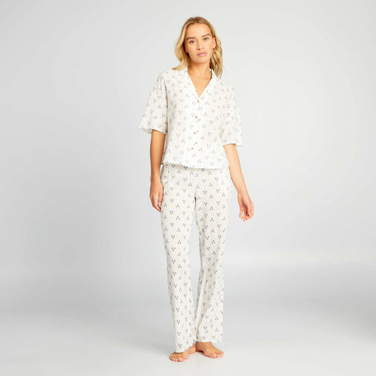 Pyjama long imprimé en gaze de coton Blanc