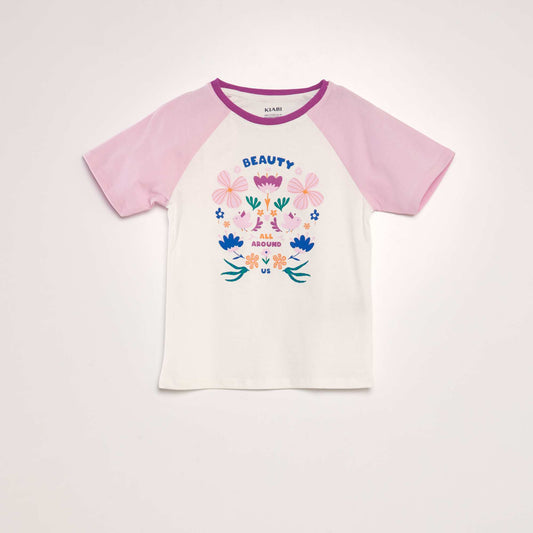 T-shirt en coton à col rond Blanc/rose