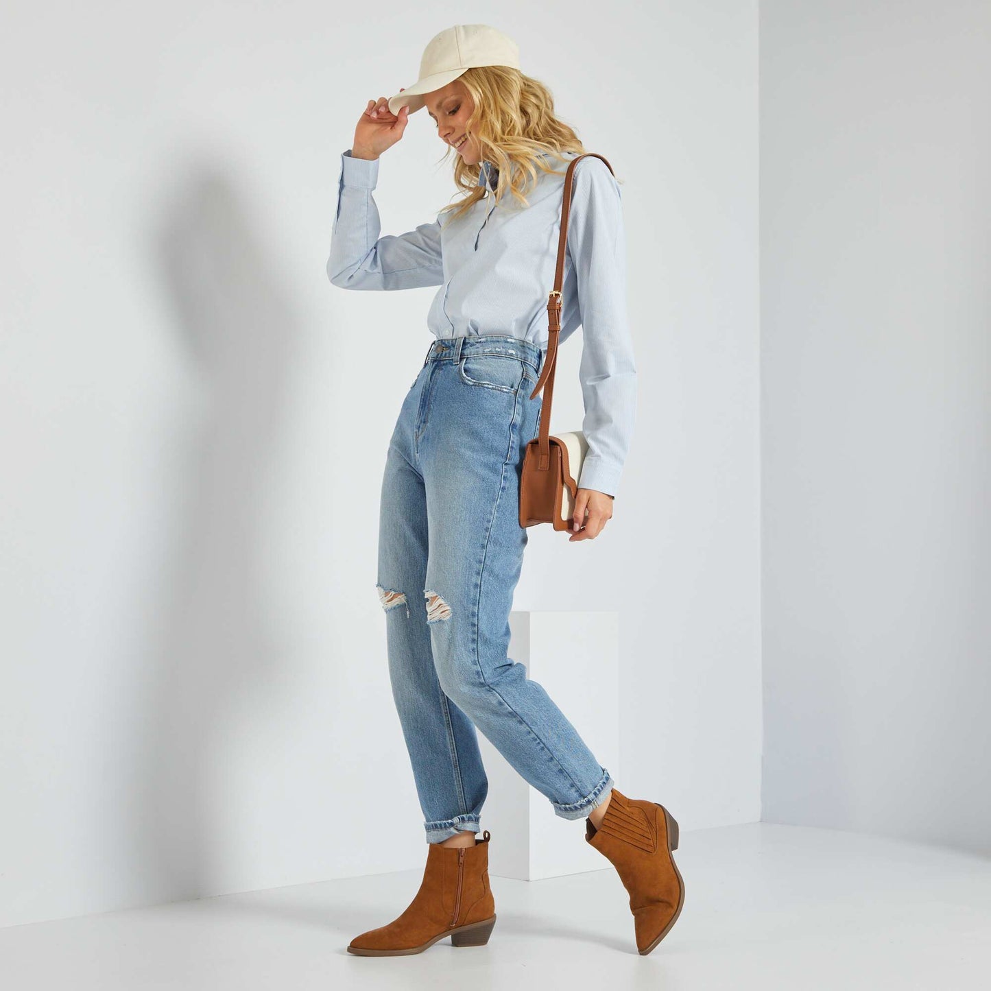 Chemise fittée col italien Bleu rayé