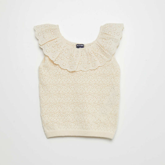 Pull sans manches en broderie anglaise Beige