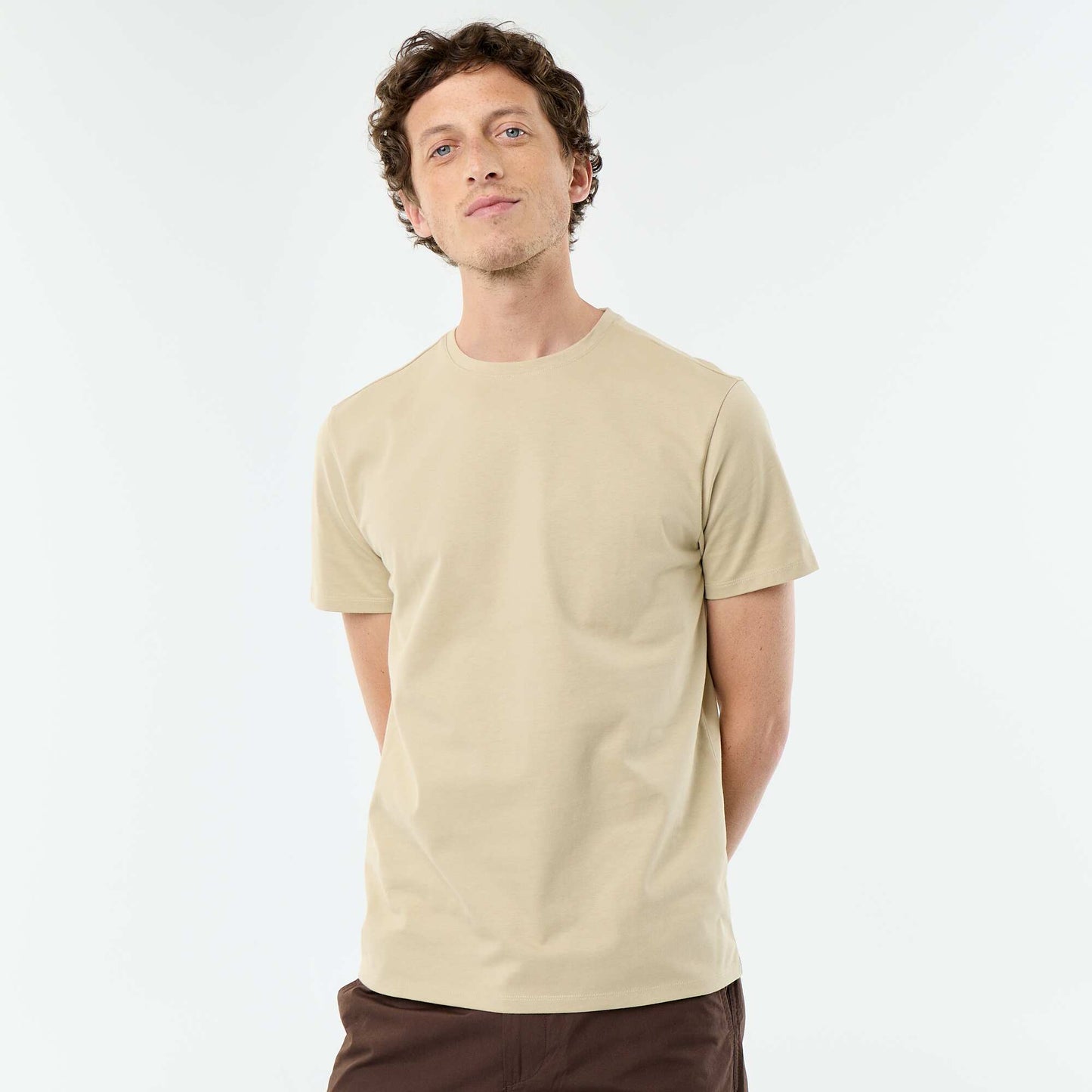 T-shirt en coton uni à col rond pour homme BEIGE