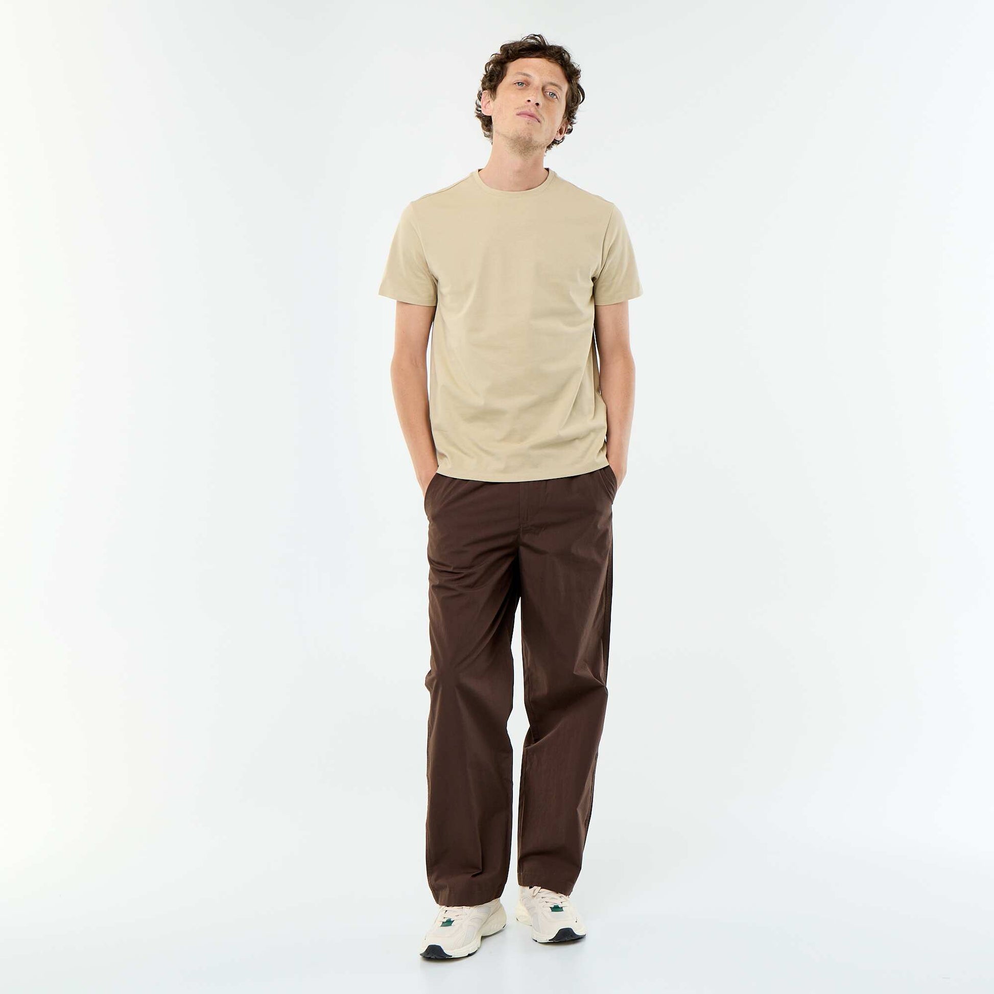 T-shirt en coton uni à col rond pour homme BEIGE