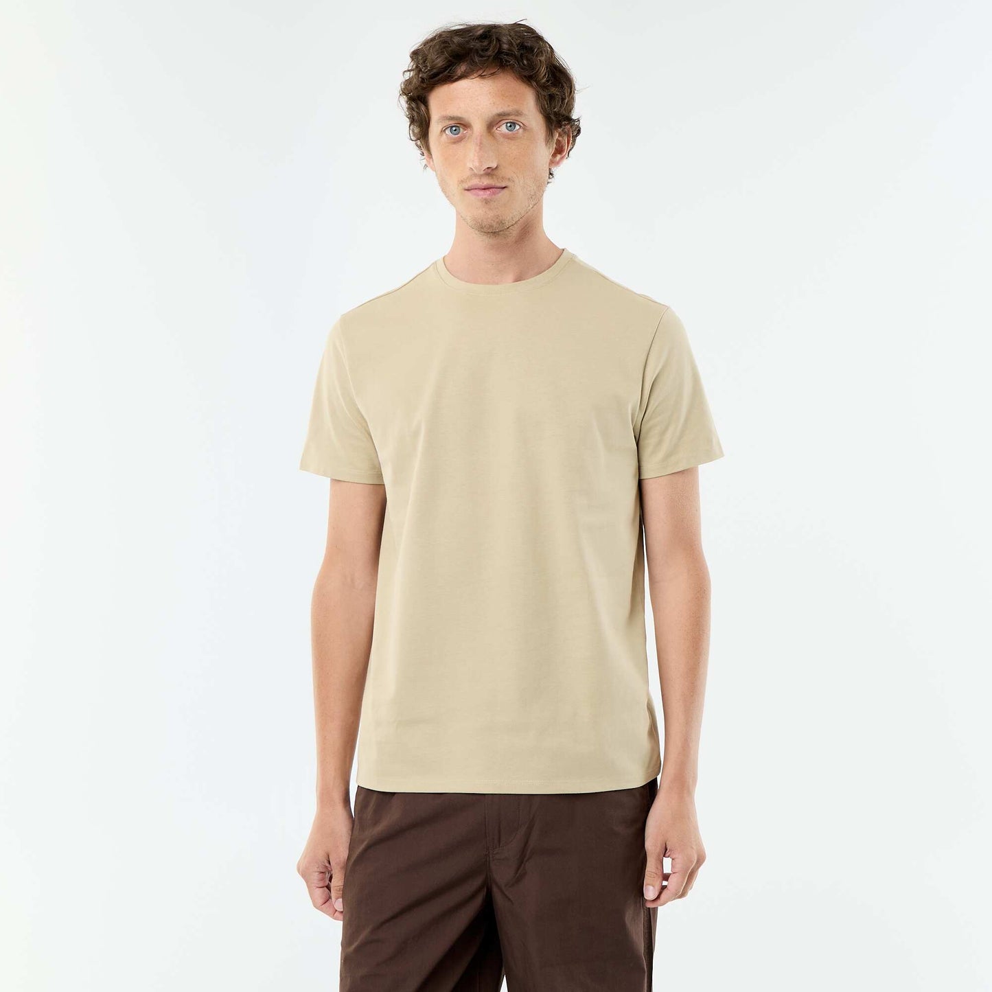 T-shirt en coton uni à col rond pour homme BEIGE