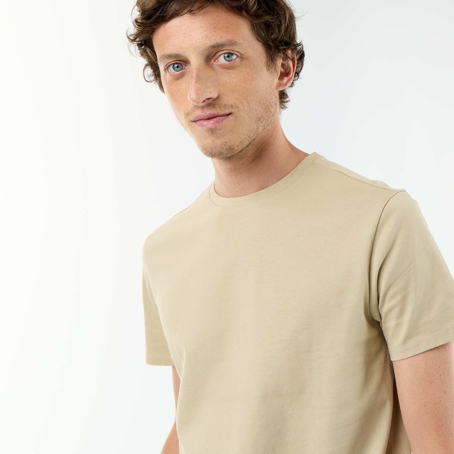 T-shirt en coton uni à col rond pour homme BEIGE