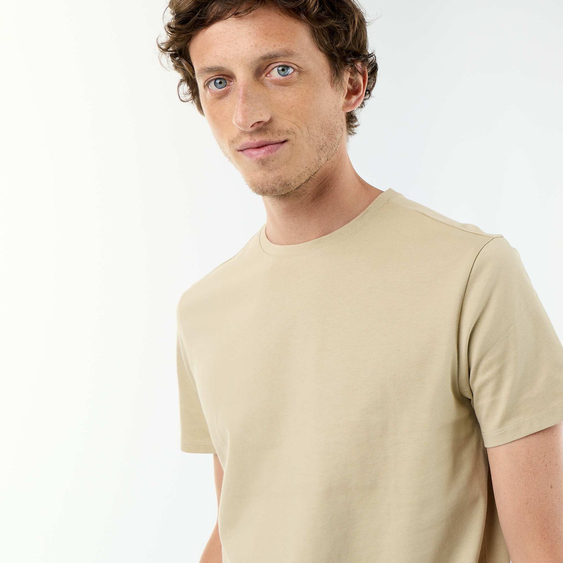 T-shirt en coton uni à col rond pour homme BEIGE